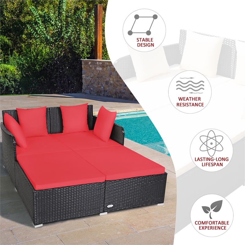Pemberly Row Outdoor Patio Rattan Daybed Cushioned Sofa Furniture Red