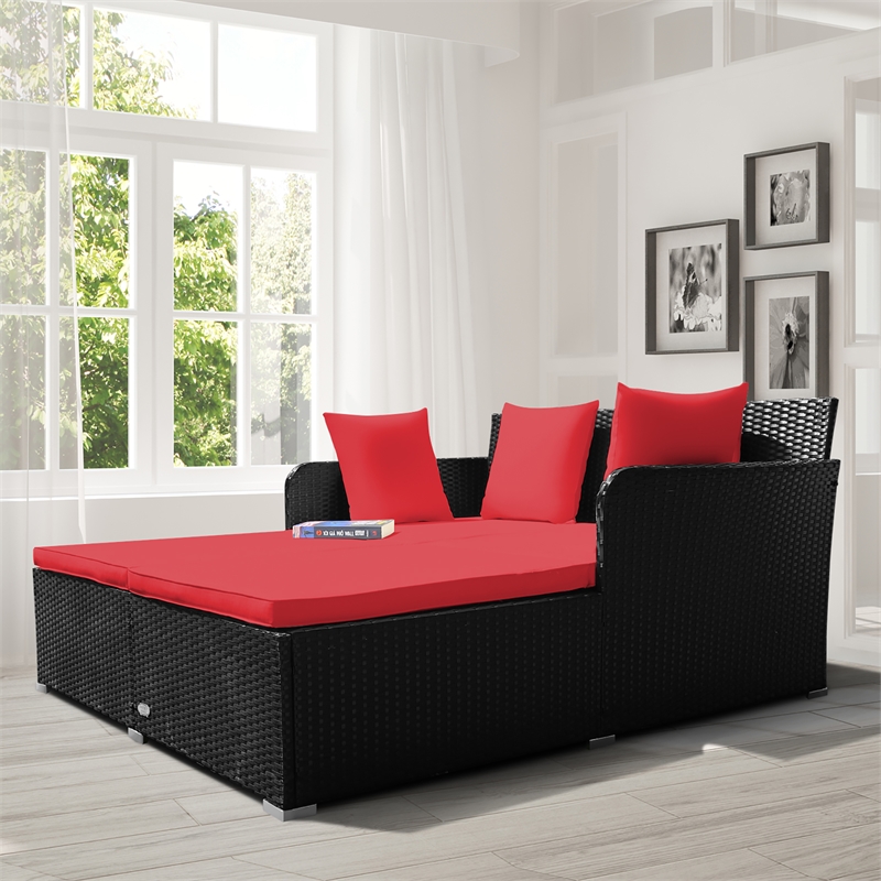 Pemberly Row Outdoor Patio Rattan Daybed Cushioned Sofa Furniture Red
