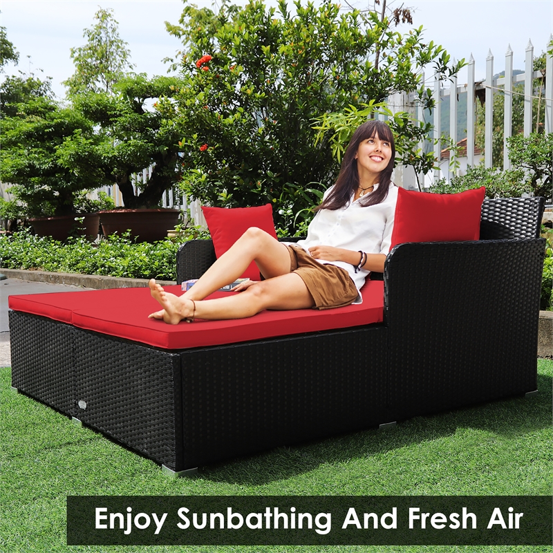Pemberly Row Outdoor Patio Rattan Daybed Cushioned Sofa Furniture Red