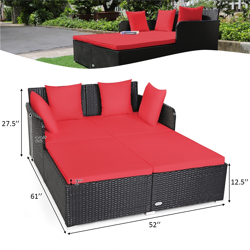 Pemberly Row Outdoor Patio Rattan Daybed Cushioned Sofa Furniture Red