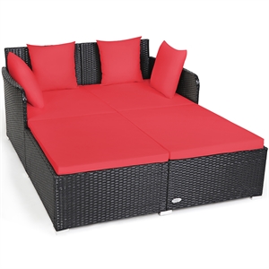 Pemberly Row Outdoor Patio Rattan Daybed Cushioned Sofa Furniture Red