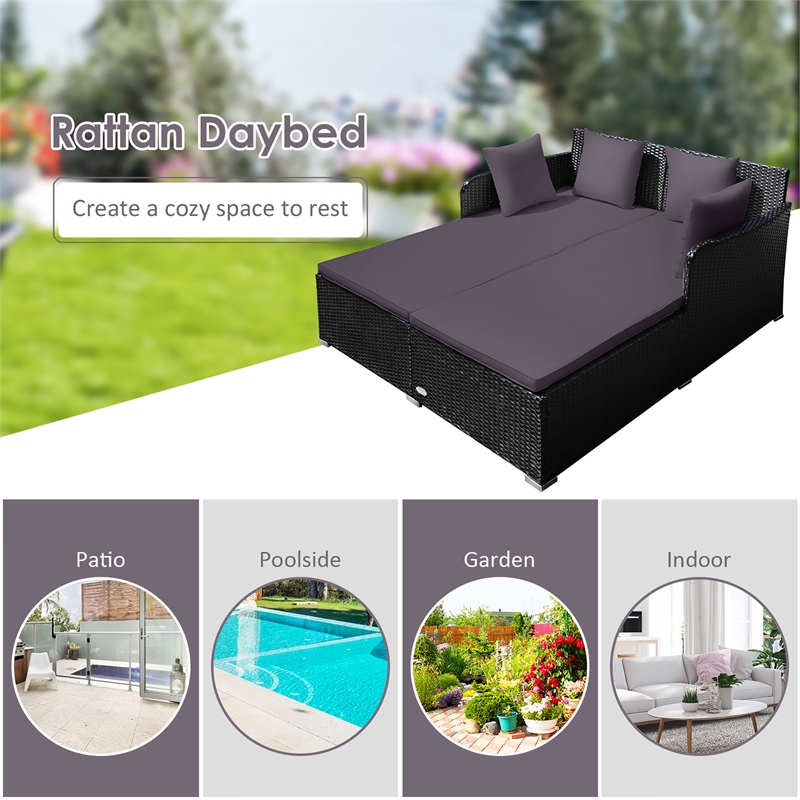 Pemberly Row Outdoor Patio Rattan Daybed Cushioned Sofa Furniture Gray