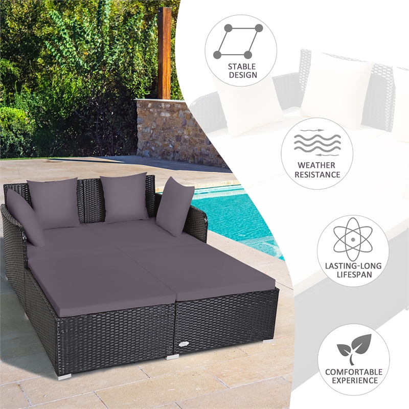 Pemberly Row Outdoor Patio Rattan Daybed Cushioned Sofa Furniture Gray