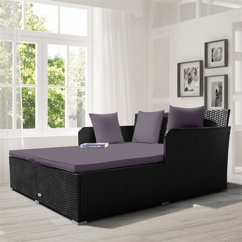 Pemberly Row Outdoor Patio Rattan Daybed Cushioned Sofa Furniture Gray