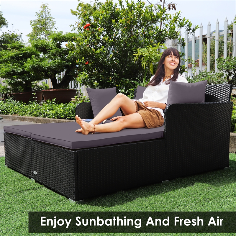 Pemberly Row Outdoor Patio Rattan Daybed Cushioned Sofa Furniture Gray