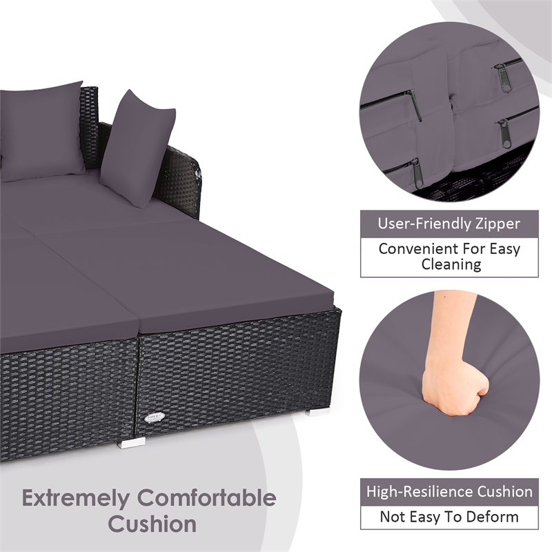 Pemberly Row Outdoor Patio Rattan Daybed Cushioned Sofa Furniture Gray