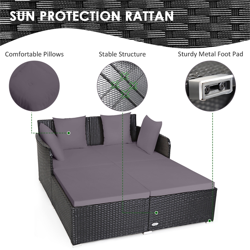 Pemberly Row Outdoor Patio Rattan Daybed Cushioned Sofa Furniture Gray
