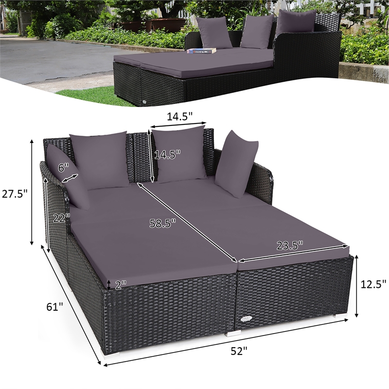 Pemberly Row Outdoor Patio Rattan Daybed Cushioned Sofa Furniture Gray
