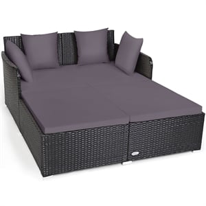 Pemberly Row Outdoor Patio Rattan Daybed Cushioned Sofa Furniture Gray