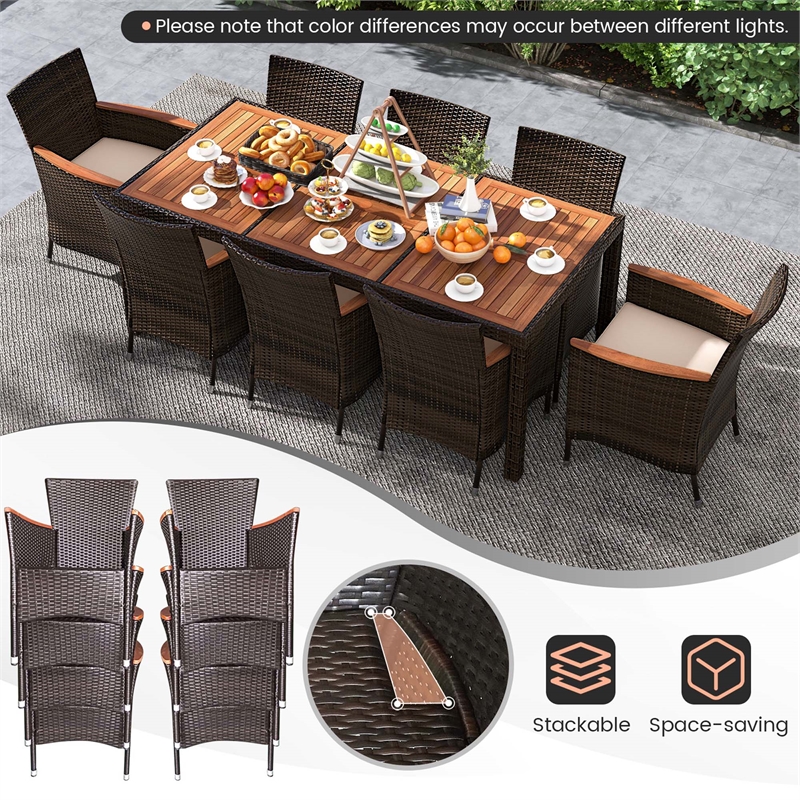Pemberly Row 9PCS Patio Wicker Dining Set Wood Table Umbrella Hole Brown