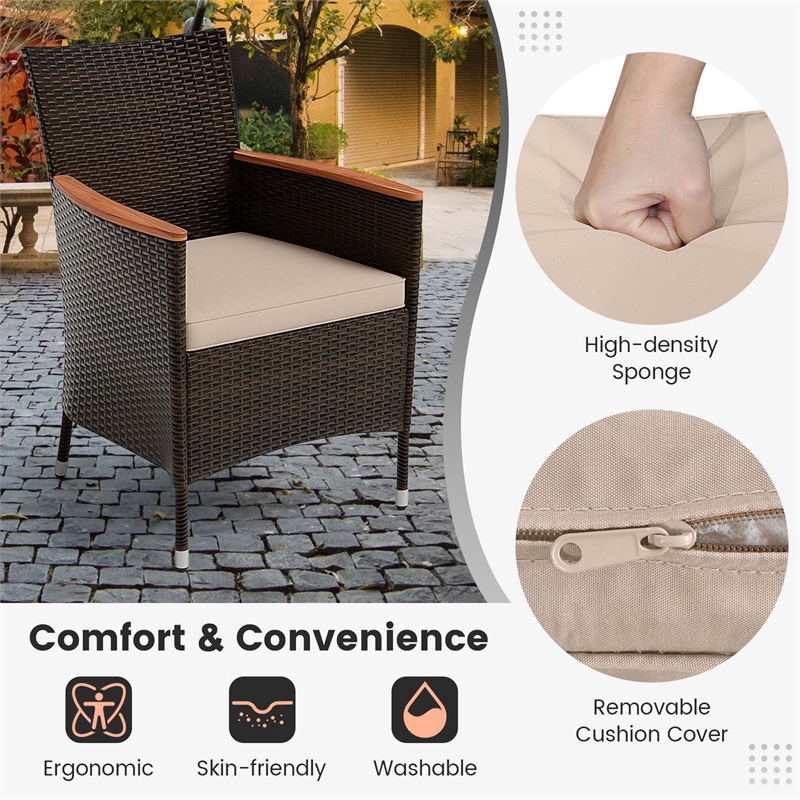 Pemberly Row 9PCS Patio Wicker Dining Set Wood Table Umbrella Hole Brown