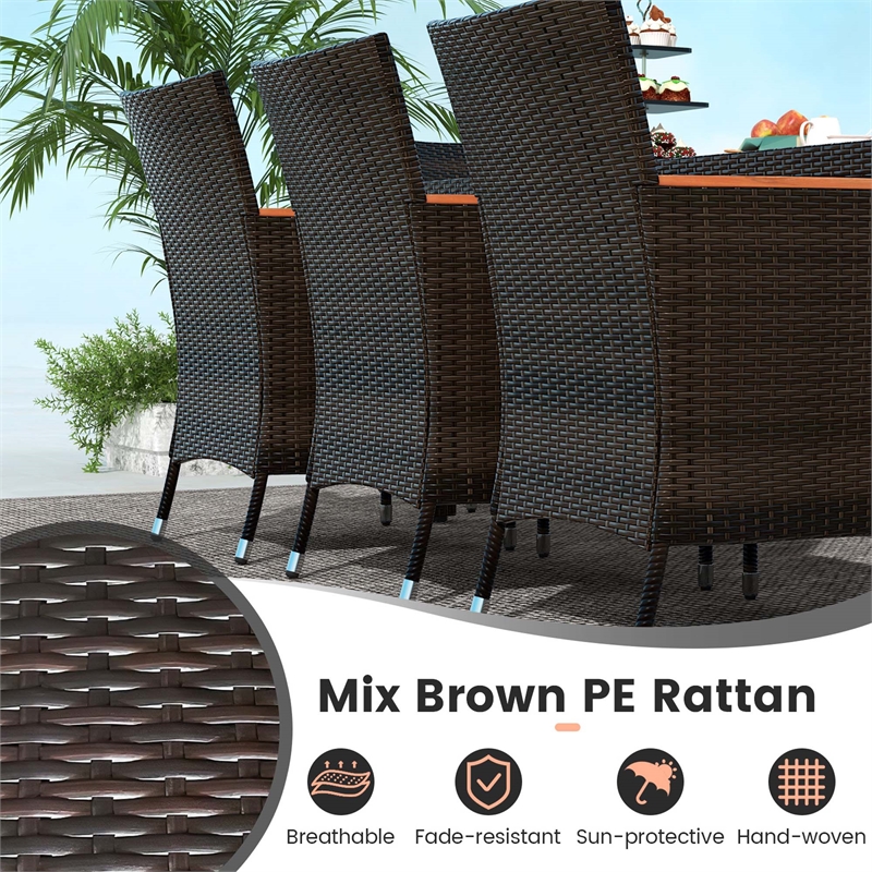 Pemberly Row 9PCS Patio Wicker Dining Set Wood Table Umbrella Hole Brown