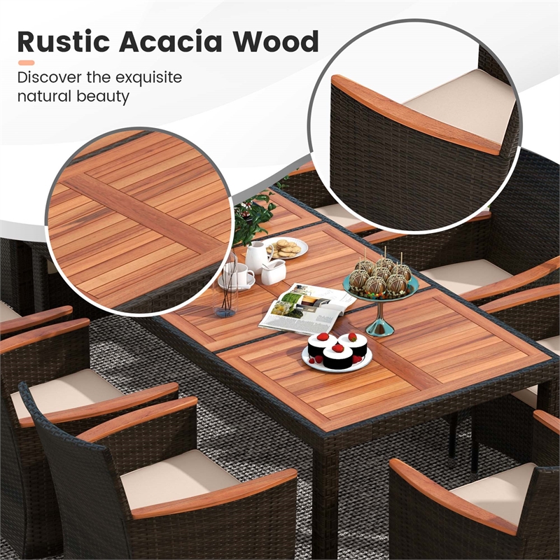 Pemberly Row 9PCS Patio Wicker Dining Set Wood Table Umbrella Hole Brown