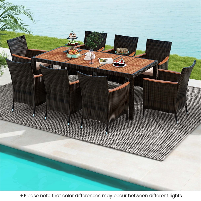 Pemberly Row 9PCS Patio Wicker Dining Set Wood Table Umbrella Hole Brown