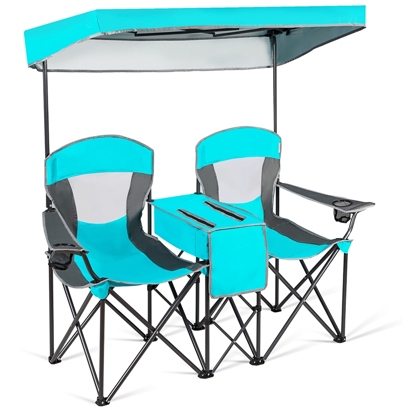 Pemberly Row Portable Folding Camping Canopy Chairs w/ Cup Holder Turquoise