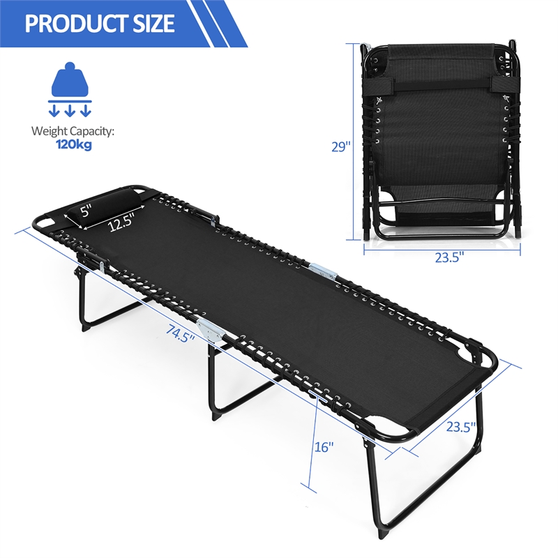 Pemberly Row Folding Lounge Chaise High Recline W/Adjustable Backrest Black
