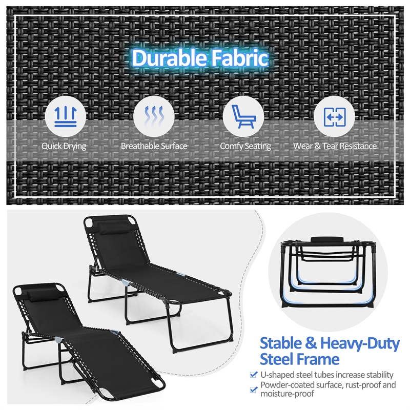 Pemberly Row Folding Lounge Chaise High Recline W/Adjustable Backrest Black