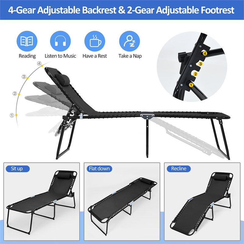 Pemberly Row Folding Lounge Chaise High Recline W/Adjustable Backrest Black