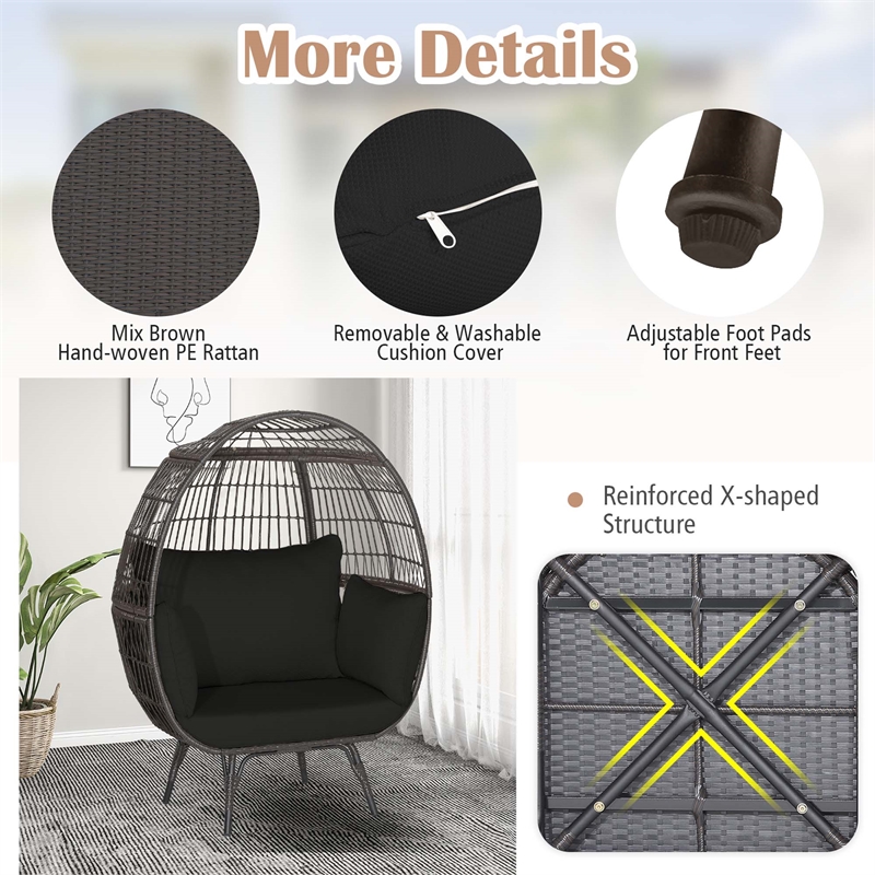 Pemberly Row Patio Oversized Wicker Egg Chair Lounge Basket 4 Cushion Black