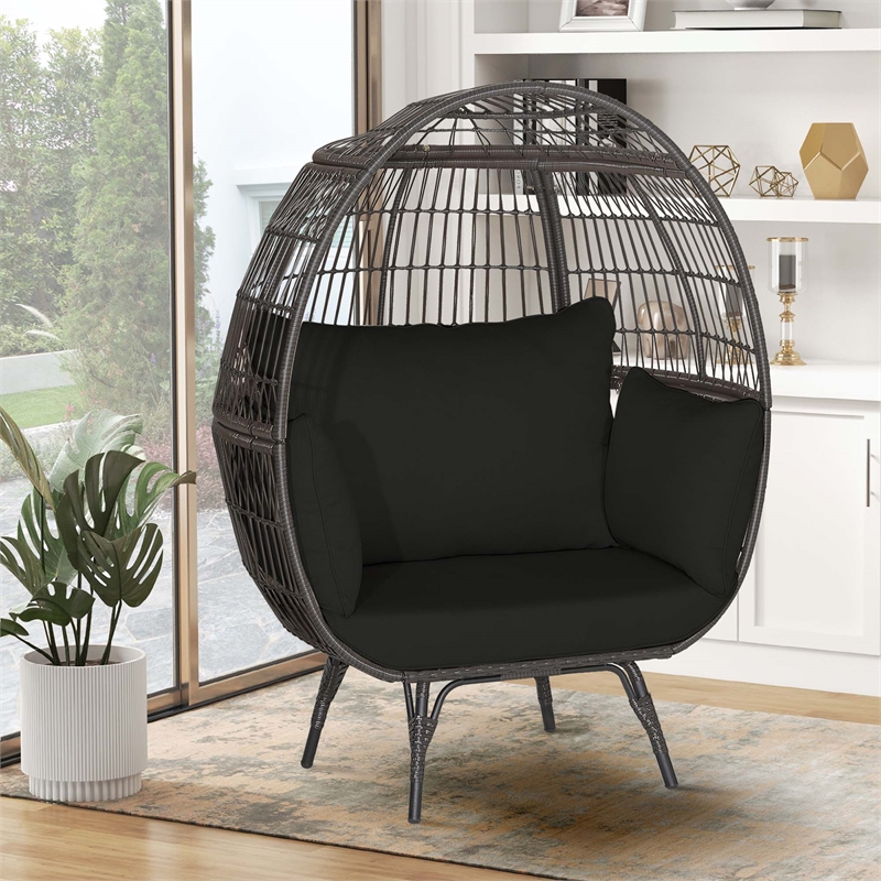 Pemberly Row Patio Oversized Wicker Egg Chair Lounge Basket 4 Cushion Black