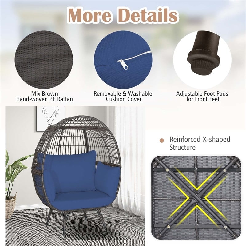 Pemberly Row Patio Oversized Wicker Egg Chair Lounge Basket 4 Cushion Navy