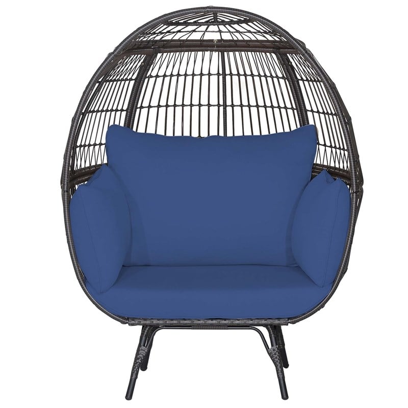 Pemberly Row Patio Oversized Wicker Egg Chair Lounge Basket 4 Cushion Navy