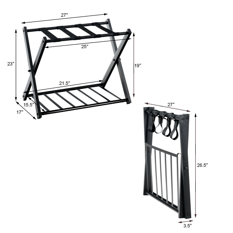 Pemberly Row Set of 2 Folding Metal Luggage Rack Suitcase Shoe Holder Black