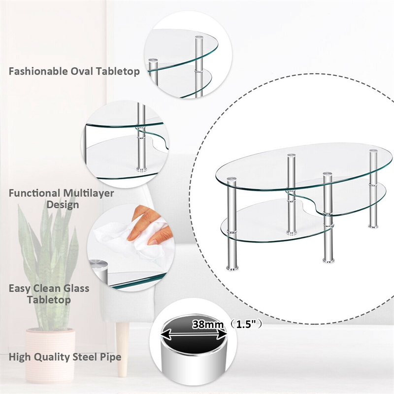 Pemberly Row Tempered Glass Oval Side Coffee Table Shelf Chrome Base Clear