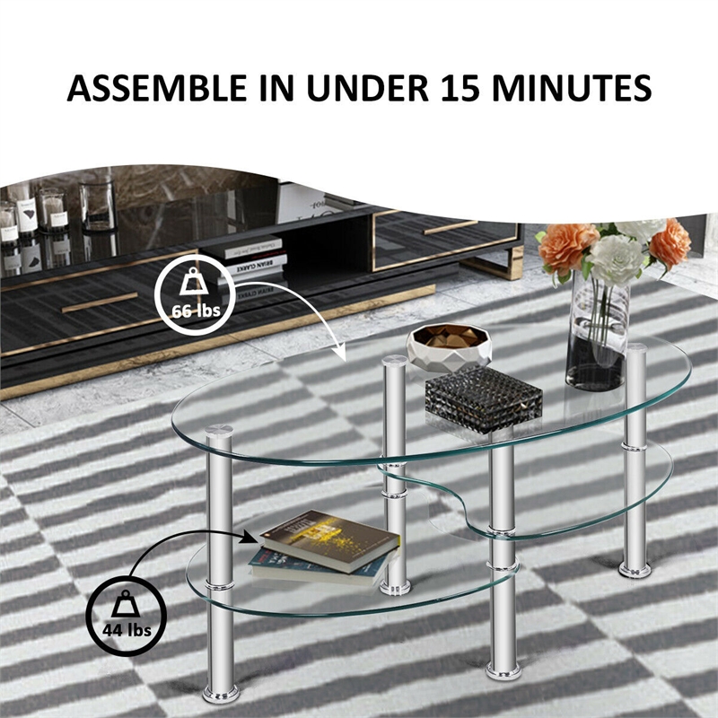Pemberly Row Tempered Glass Oval Side Coffee Table Shelf Chrome Base Clear
