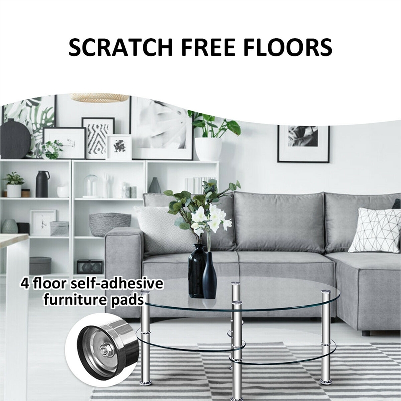 Pemberly Row Tempered Glass Oval Side Coffee Table Shelf Chrome Base Clear