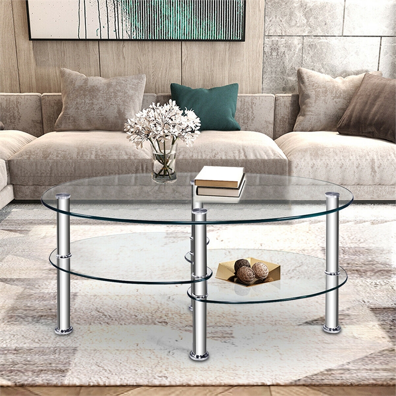 Pemberly Row Tempered Glass Oval Side Coffee Table Shelf Chrome Base Clear