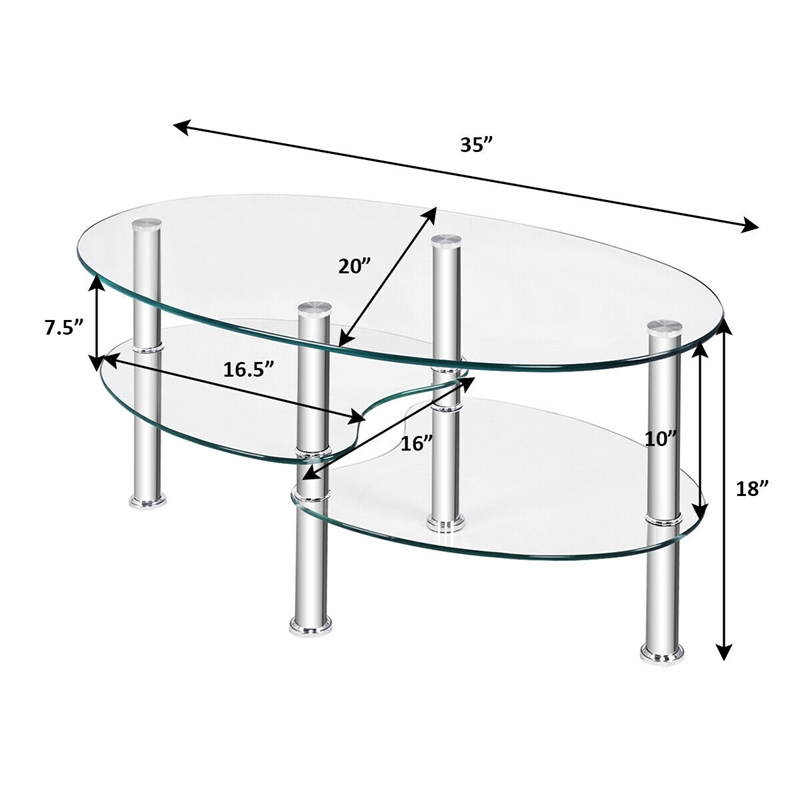 Pemberly Row Tempered Glass Oval Side Coffee Table Shelf Chrome Base Clear
