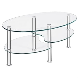 Pemberly Row Tempered Glass Oval Side Coffee Table Shelf Chrome Base Clear