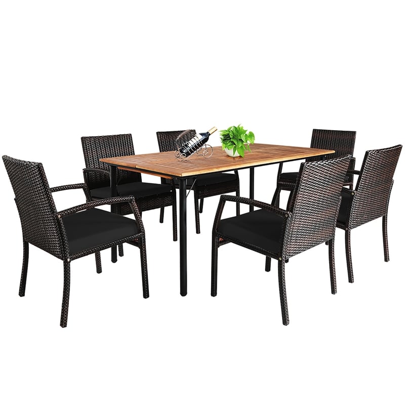 Pemberly Row 7PCS Patio Rattan Dining Set Table Top with Umbrella Hole Black