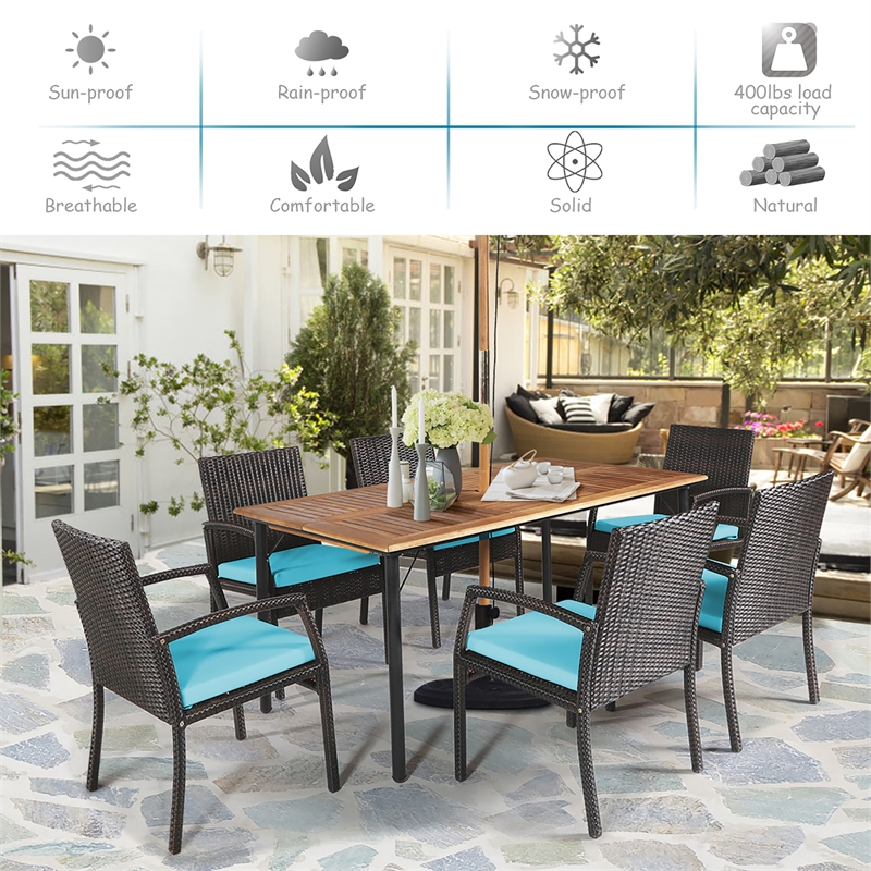 Pemberly Row 7PCS Patio Rattan Dining Set Table Top with Umbrella Hole Turquoise