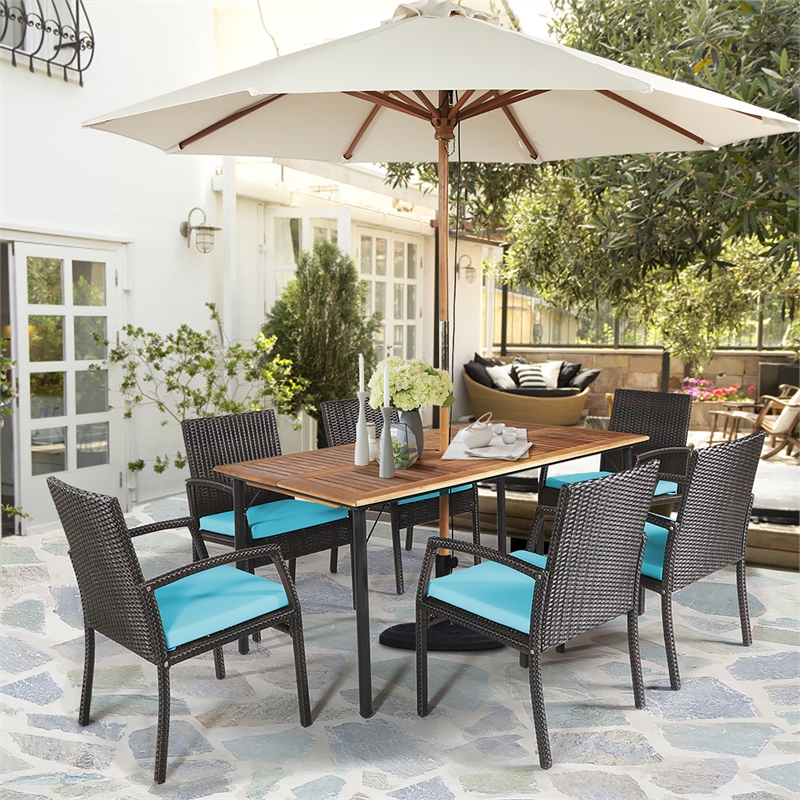 Pemberly Row 7PCS Patio Rattan Dining Set Table Top with Umbrella Hole Turquoise