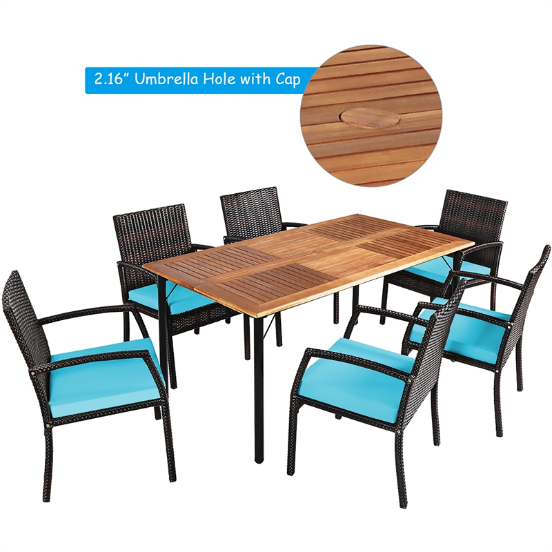 Pemberly Row 7PCS Patio Rattan Dining Set Table Top with Umbrella Hole Turquoise