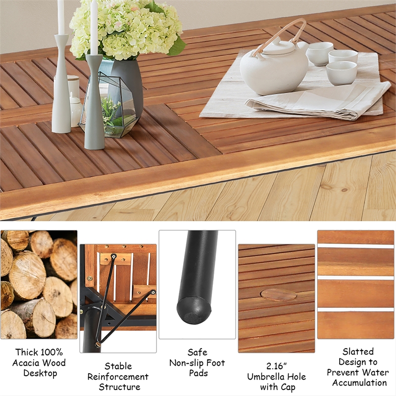 Pemberly Row 7PCS Patio Rattan Dining Set Table Top with Umbrella Hole Turquoise