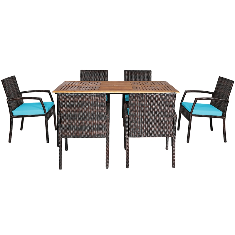 Pemberly Row 7PCS Patio Rattan Dining Set Table Top with Umbrella Hole Turquoise