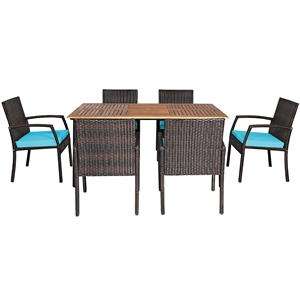 Pemberly Row 7PCS Patio Rattan Dining Set Table Top with Umbrella Hole Turquoise