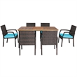 Pemberly Row 7PCS Patio Rattan Dining Set Table Top with Umbrella Hole Turquoise