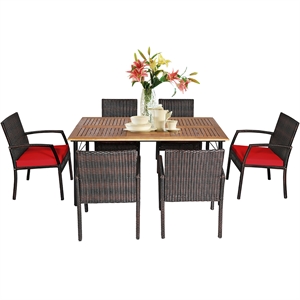 Pemberly Row 7PCS Patio Rattan Dining Set Table Top with Umbrella Hole Red