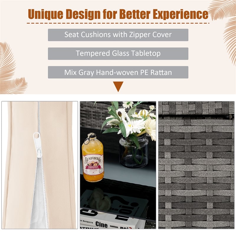 Pemberly Row 4PCS Patio Rattan Furniture Set Sofa Ottoman Garden Deck White