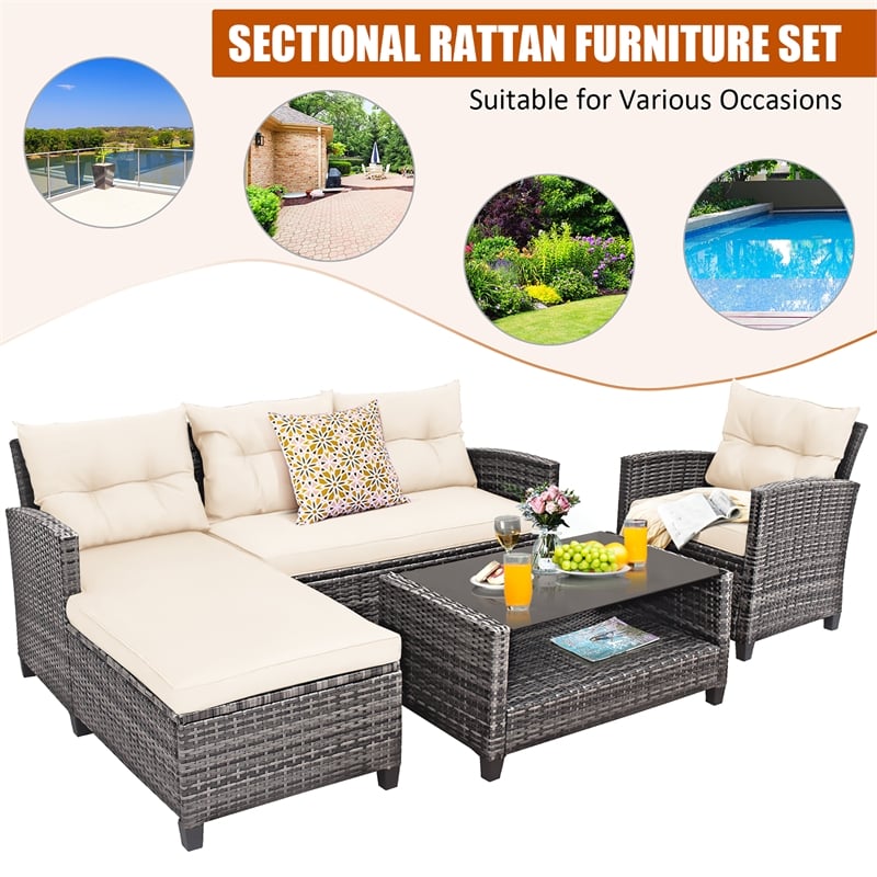 Pemberly Row 4PCS Patio Rattan Furniture Set Sofa Ottoman Garden Deck White