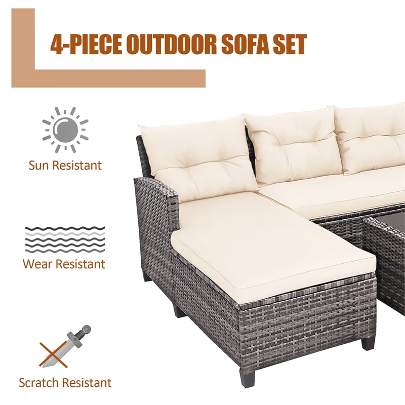 Pemberly Row 4PCS Patio Rattan Furniture Set Sofa Ottoman Garden Deck White