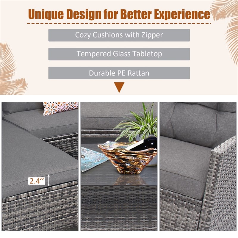 Pemberly Row 4PCS Patio Rattan Furniture Set Sofa Ottoman Garden Deck Gray