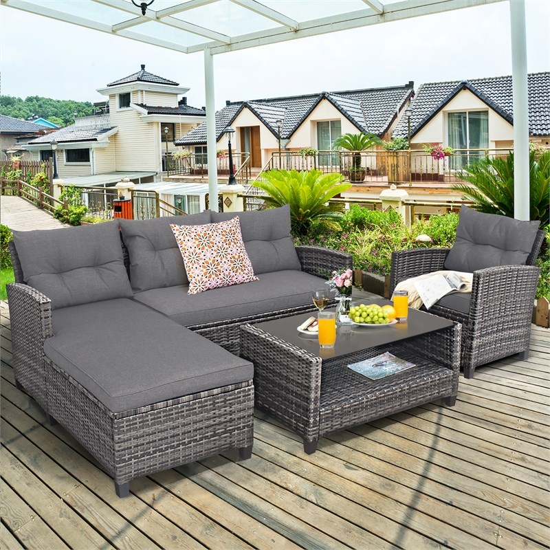 Pemberly Row 4PCS Patio Rattan Furniture Set Sofa Ottoman Garden Deck Gray