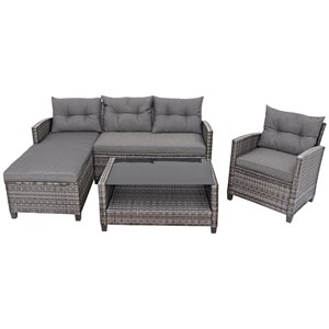 Pemberly Row 4PCS Patio Rattan Furniture Set Sofa Ottoman Garden Deck Gray