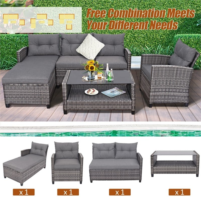 Pemberly Row 4PCS Patio Rattan Furniture Set Sofa Ottoman Garden Deck Gray
