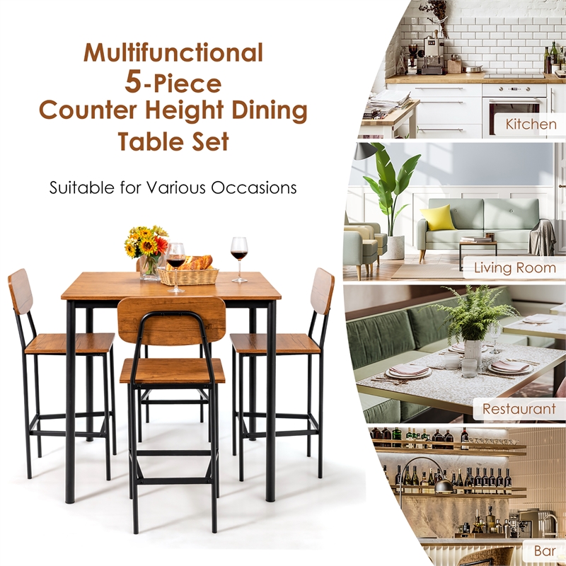 Pemberly Row 5 PCS Industrial Dining Table Set with 4 Bar Stools Brown